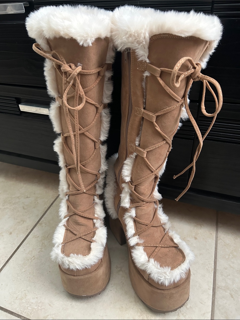 Demonia Tan Faux Fur-Trim Lace-Up Platform Knee Boots